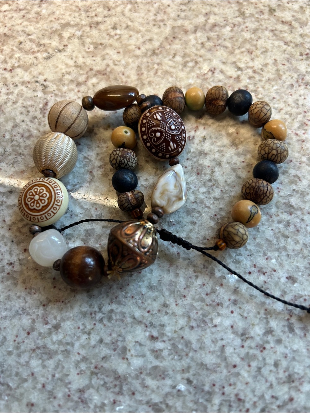 2 Handcrafted Brown and Cream Beaded Stretch Bracelet